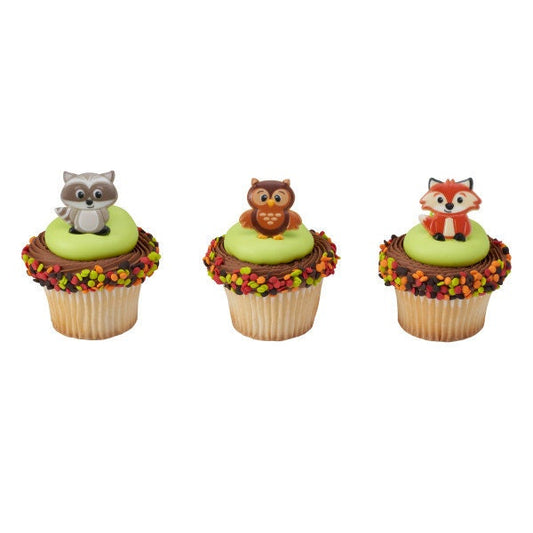 12 WOODLAND ANIMALS Cupcake Rings Birthday Raccoon Fox Owl Cake Toppers Party Decoration Picks