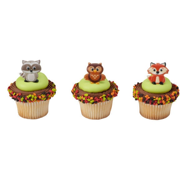 12 WOODLAND ANIMALS Cupcake Rings Birthday Raccoon Fox Owl Cake Toppers Party Decoration Picks Craft Supply