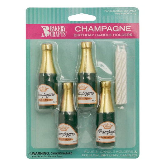 CHAMPAGNE Bottle Candle Holder Set With Candles Cupcake New Years Cake Toppers Birthday Party Decoration Team Craft Supply