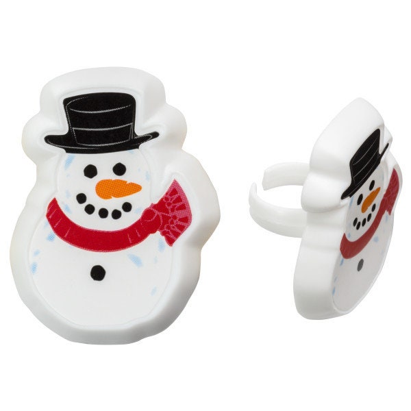 SNOWMAN Cupcake Rings (12) Claus Christmas Elf Holiday Winter Snow Favors Cake Toppers Party Decoration Craft Supply