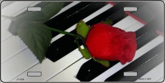 RED ROSE On PIANO Keys Metal License Plate