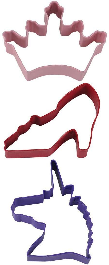 PRINCESS Cookie Cutters, Crown, Shoe, Unicorn, 3-Piece Set - Cakes Cupcakes Cookies Fondant Party