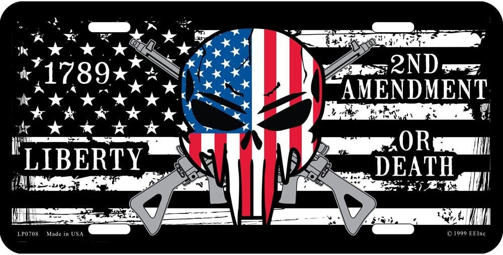 2nd Amendment Or Death US Flag Demon Skull Metal License Plate - Patriotic American Military 2nd Amendment Flag Craft Supply