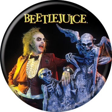 BEETLEJUICE Pinback Button Badge - Beetlejuice With Tombstone - Classic Movie Michael Keaton - Round 1.25" Button