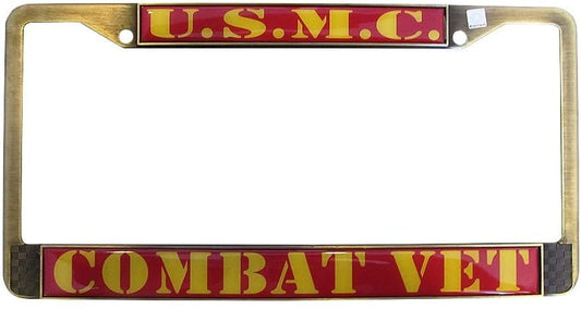 U.S.M.C. MARINES COMBAT VET Antiqued Brass Metal License Plate Frame - United States Marine Corps Veteran Usmc Craft Supply