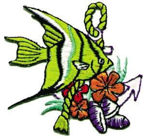 Green Tropical Fish with Flowers and Rope Patch - Embroidered Patch Applique Sea Life Aquatic Ocean Sea Craft Supply