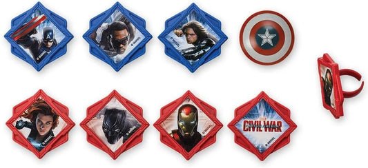 CAPTAIN AMERICA Civil War Divided Cupcake Rings (12) Marvel Comics Ironman Movie Cake Toppers Birthday Party Decoration Craft Supply