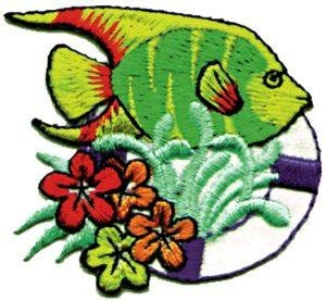 Green Tropical Fish with Flowers Patch - Embroidered Patch Applique Sea Life Aquatic Ocean Sea Craft Supply