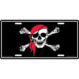 Jolly Roger Pirate Metal License Plate - Skull Crossbones Pirate With Red Bandana Craft Supply