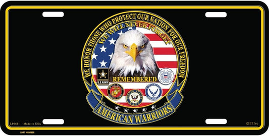 AMERICAN WARRIORS Military Metal License Plate - Nations Freedom Patriotic Military Navy Marines Army Coast Guard Craft Supply