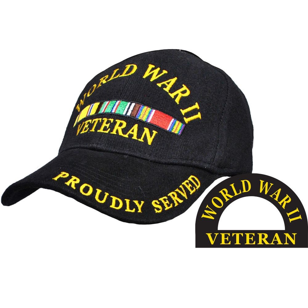 World War II Veteran Embroidered Cap Hat - United States Military WWII with Ribbon Veteran Vet Hat Proudly Served Craft Supply
