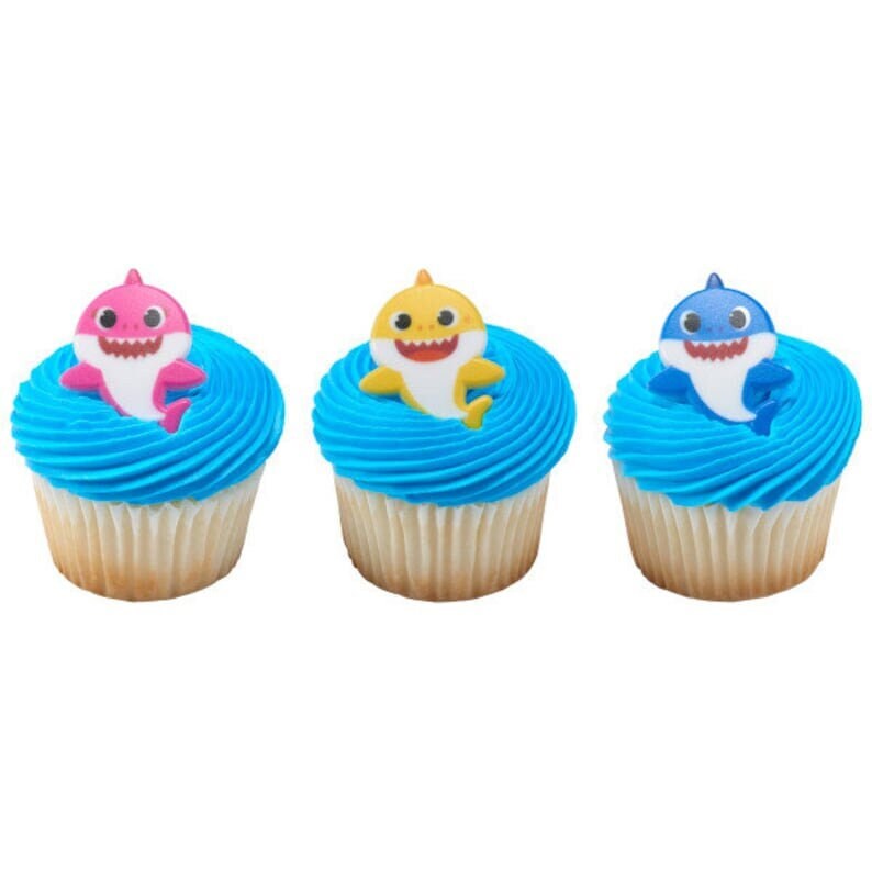 12 BABY SHARK Cupcake Rings Cake Toppers for Birthday Party Decoration - Baby Shark Mommy, Daddy and Baby Craft Supply