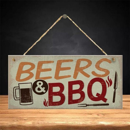 Beers & BBQ Wood Plaque - Sign Approx 4x8 - Wooden Hanging Plaque Home Decoration Room Decor Craft Supply