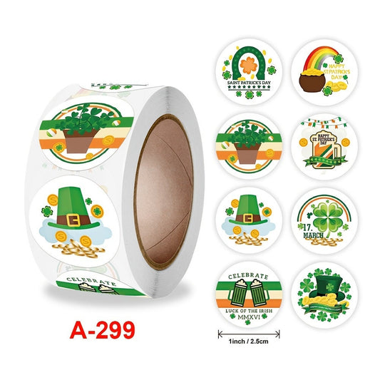 500 St. Patrick's Day Stickers - Small 1" Stickers 8 Designs, Envelope Seals Scrapbooking Label Roll Sticker Craft Supply