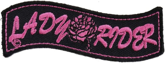 Lady Rider Banner with Rose Patch - 3x1 inch – Biker Embroidered Patch Appliqué Craft Supply