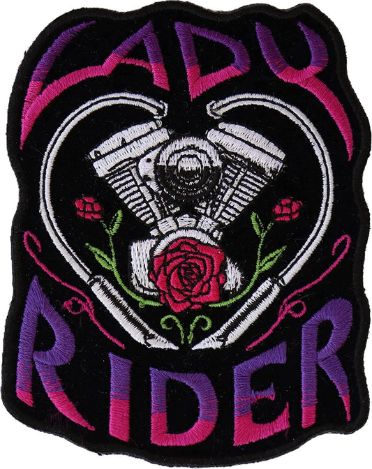 Lady Rider Path with Engine Roses - 3x3.8 inch – Biker Embroidered Patch Appliqué Craft Supply