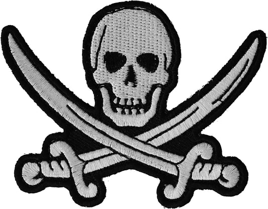 White Pirate Sword Skull Patch - 3x2.25 inch - Motorcycle Embroidered Patch Appliqué Craft Supply