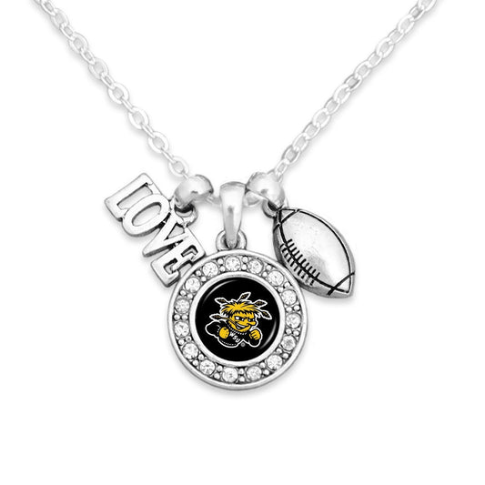 Officially Licensed WICHITA STATE SHOCKERS Necklace with Football, Love and Logo Pewter Charms Sterling Plated - Wichita State University