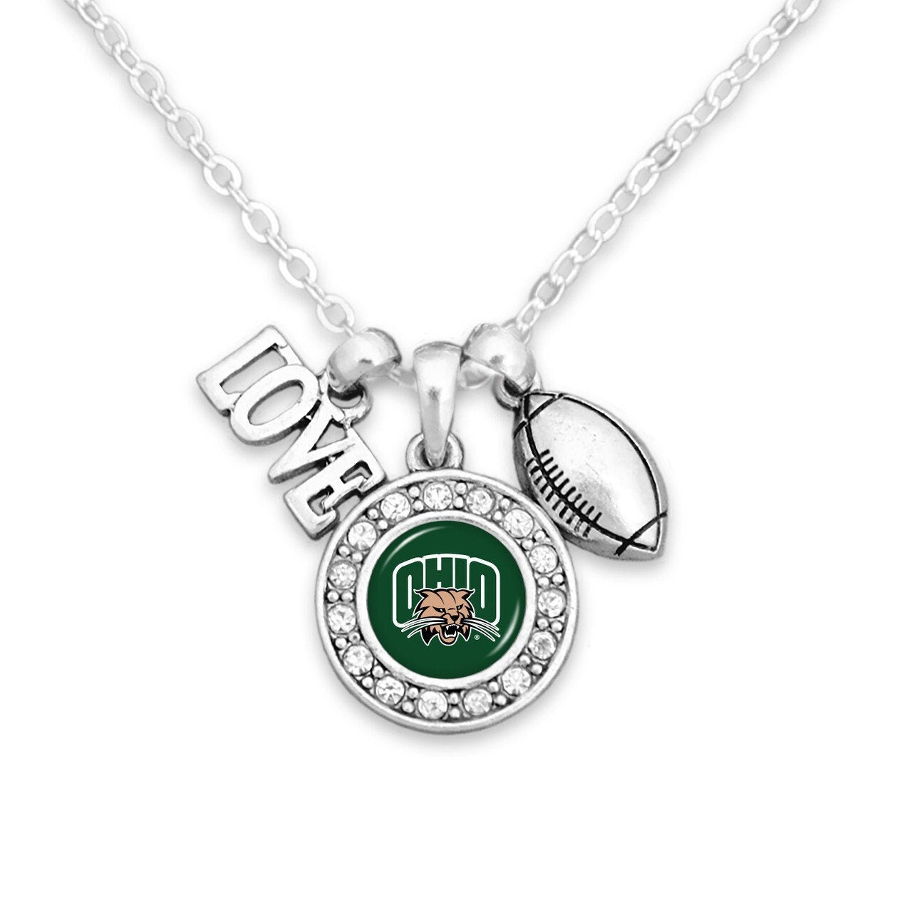 Officially Licensed OHIO BOBCATS Necklace with Football, Love and Logo Pewter Charms Sterling Plated - Ohio University