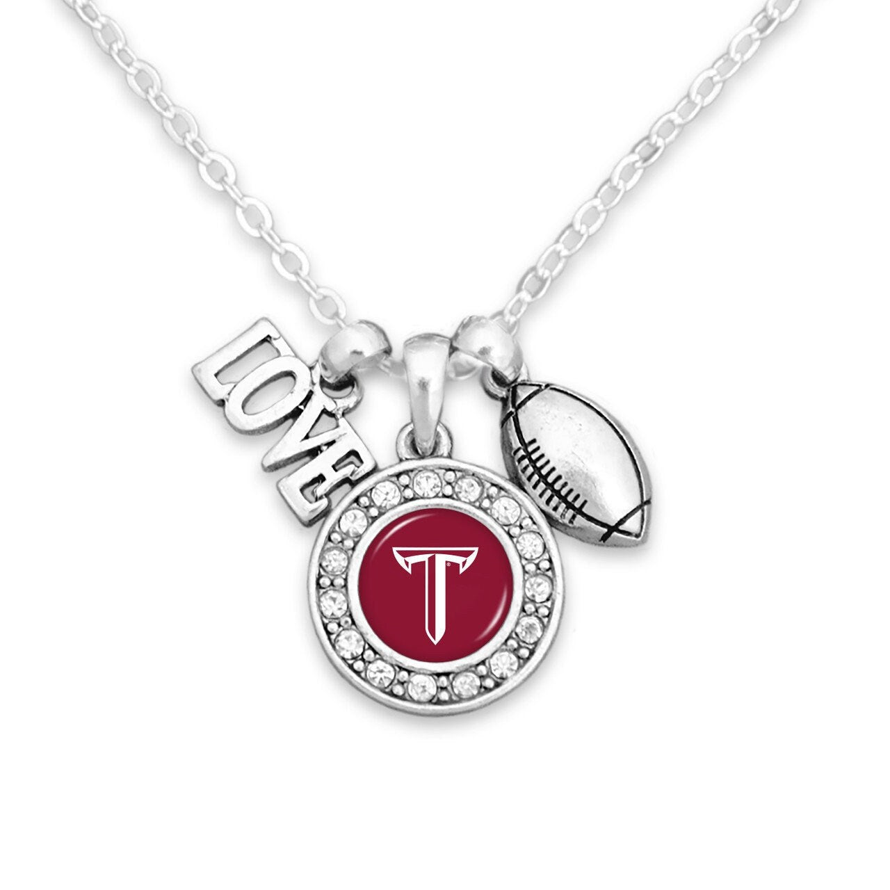 Officially Licensed TROY TROJANS Necklace with Football, Love and Logo Pewter Charms Sterling Plated - Troy University