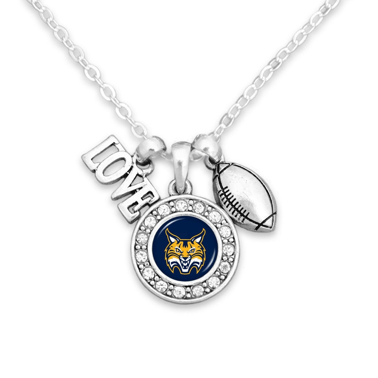Officially Licensed QUINNIPIAC BOBCATS Necklace with Football, Love and Logo Pewter Charms Sterling Plated - Quinnipiac University