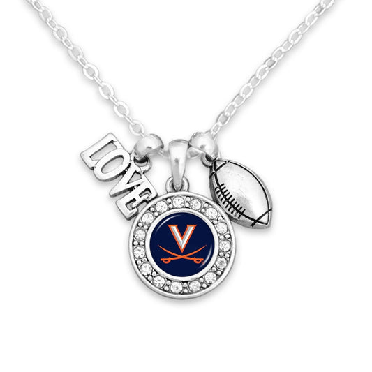 Officially Licensed VIRGINIA CAVALIERS Necklace with Football, Love and Logo Pewter Charms Sterling Plated - University of Virginia