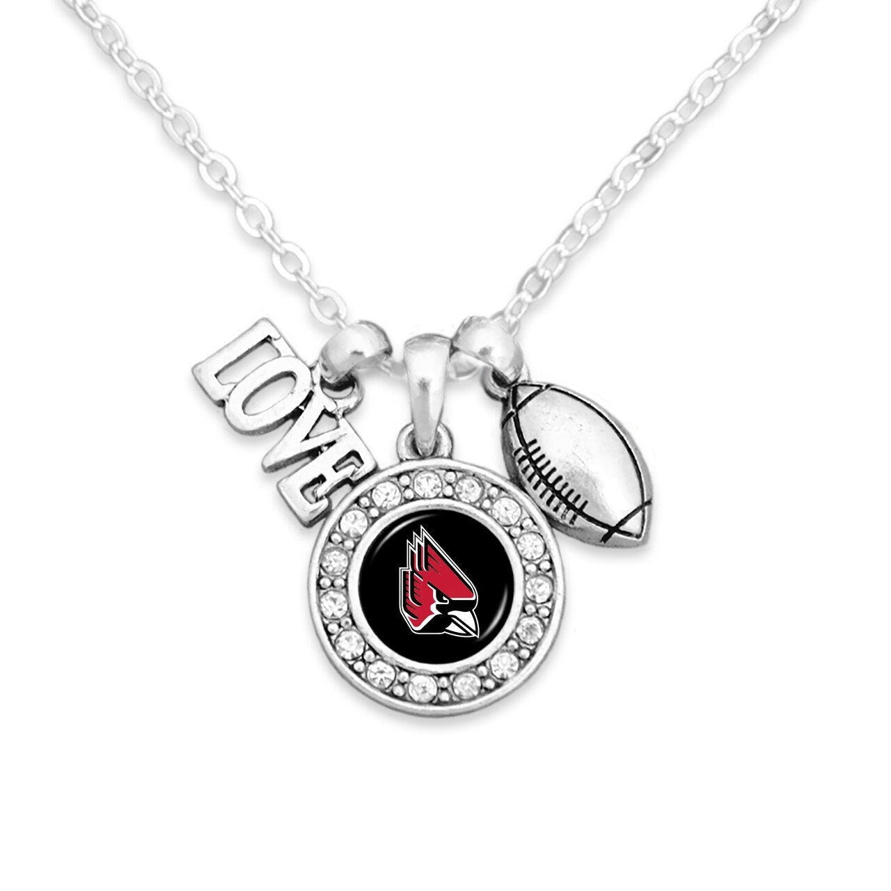 Officially Licensed BALL STATE CARDINALS Necklace with Football, Love and Logo Pewter Charms Sterling Plated - Ball State University