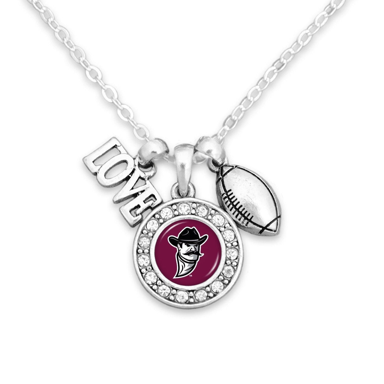 Officially Licensed NEW MEXICO STATE Necklace with Football, Love and Logo Pewter Charms Sterling Plated - New Mexico State University Aggie