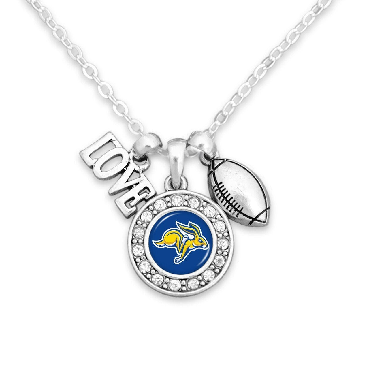 Officially Licensed NORTH DAKOTA STATE Jackrabbits Necklace with Football, Love and Logo Pewter Charms Sterling Plated - Jackrabbits