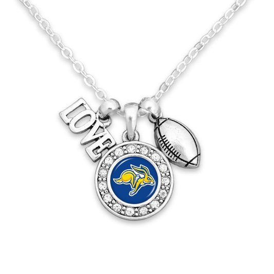Officially Licensed SOUTH DAKOTA STATE Jackrabbits Necklace with Football, Love and Logo Pewter Charms Sterling Plated - Jackrabbits