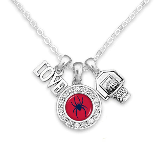 Officially Licensed RICHMOND SPIDERS Necklace with Basketball, Love and Logo Pewter Charms Sterling Plated - University of Richmond