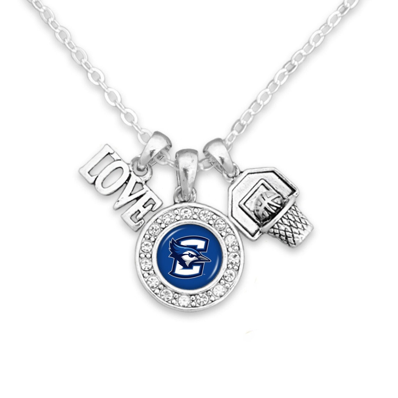 Officially Licensed CREIGHTON BLUEJAYS Necklace with Basketball, Love and Logo Pewter Charms Sterling Plated - Creighton University