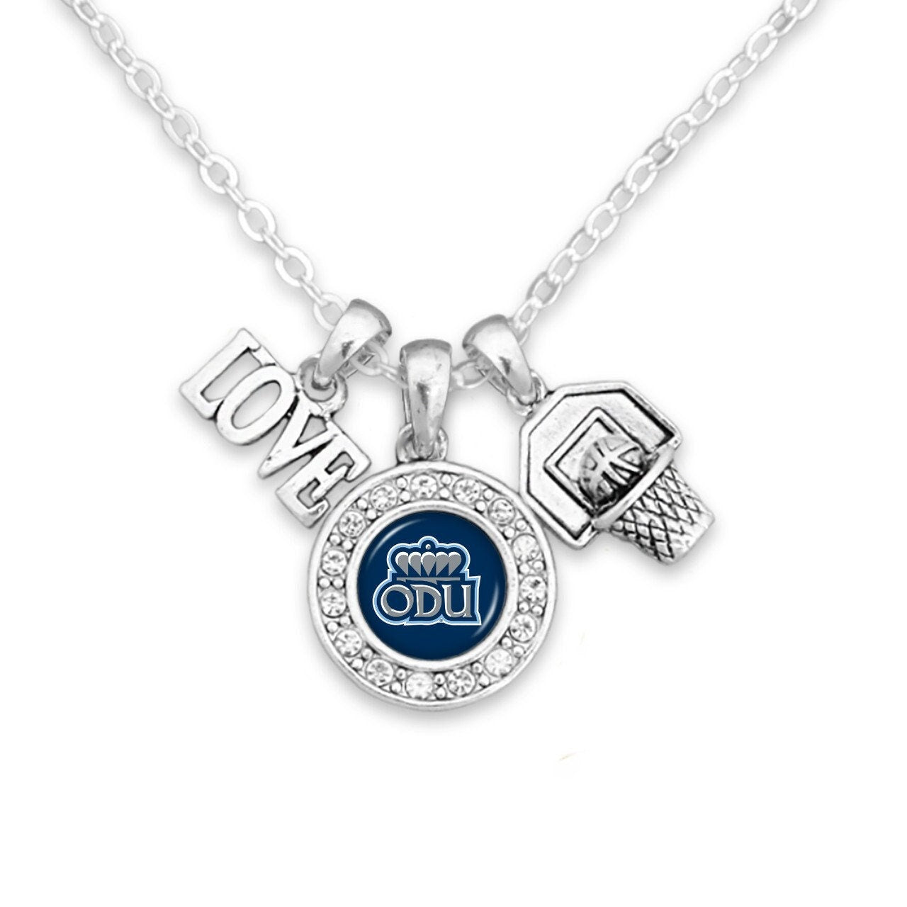 Officially Licensed OLD DOMINION MONARCHS Necklace with Basketball, Love and Logo Pewter Charms Sterling Plated - Old Dominion University