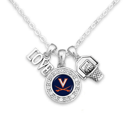 Officially Licensed VIRGINIA CAVALIERS Necklace with Basketball, Love and Logo Pewter Charms Sterling Plated - University of Virginia