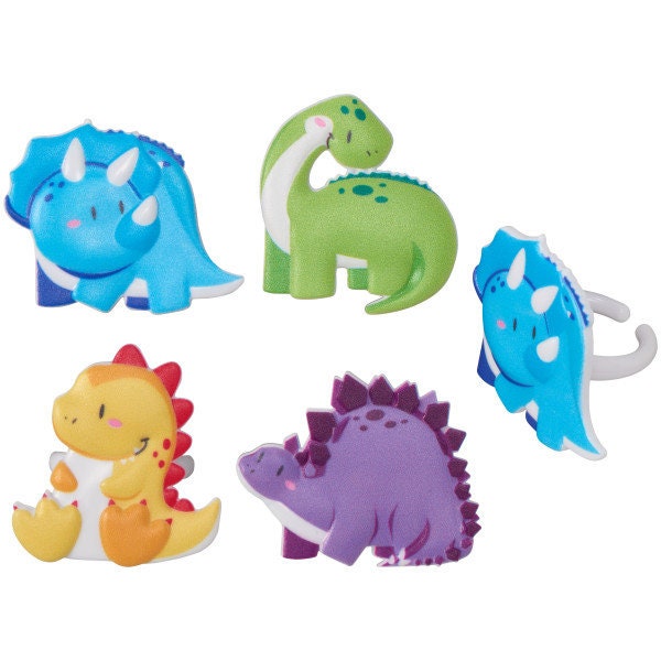 12 CUTSEY DINOSAURS Cupcake Rings - Cupcake Topper Decorations Cake Toppers for Birthday Party Decoration Craft Supply