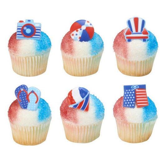 12 Summer Fun Cupcake Rings - beach balls, chairs, flip flops Patriotic Cake Toppers for Birthday Party Decoration Celebration Craft Supply