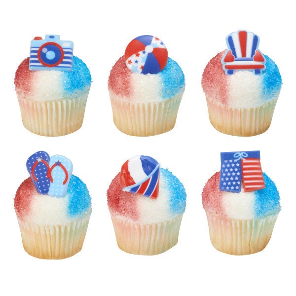 12 Summer Fun Cupcake Rings - Independence Day July 4th Patriotic Cake Toppers for Birthday Party Decoration Celebration Craft Supply