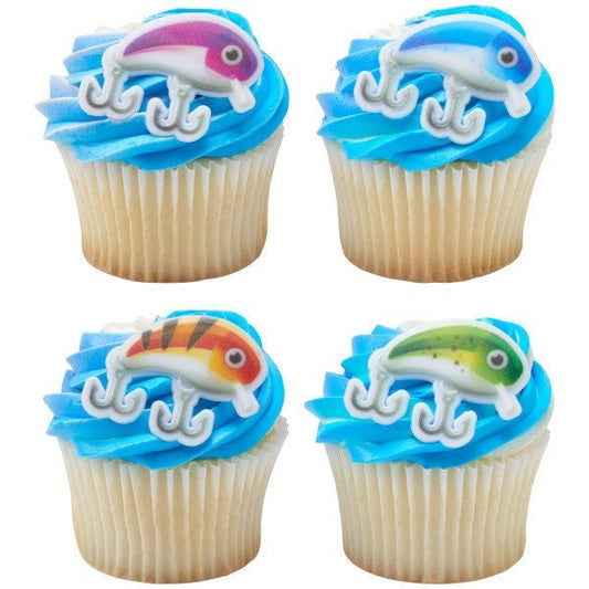 12 Fishing Lure Assortment Cupcake Rings - Dad Fishing Bobbers Pole Party Cake Toppers for Birthday Party Decoration Craft Supply