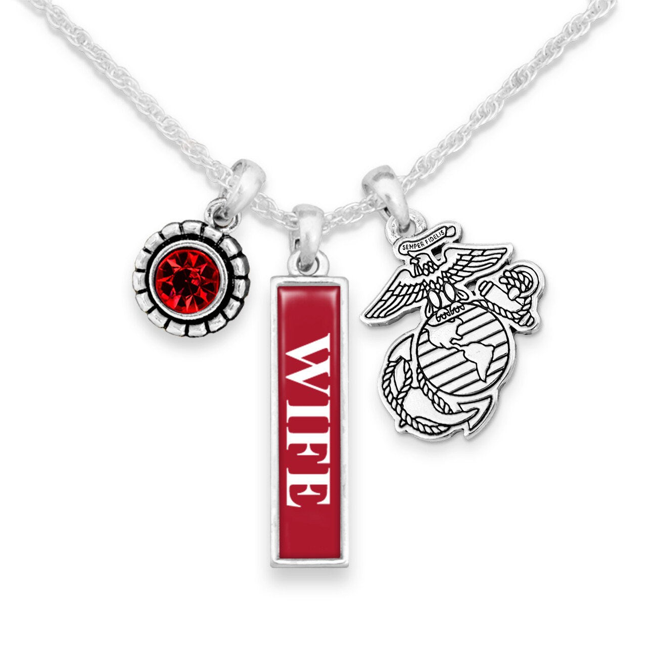 Officially Licensed U.S. MARINES Wife Necklace - Triple Charm Vertical USMC Wife Necklace with Crystal and Pewter Charms Sterling Plated