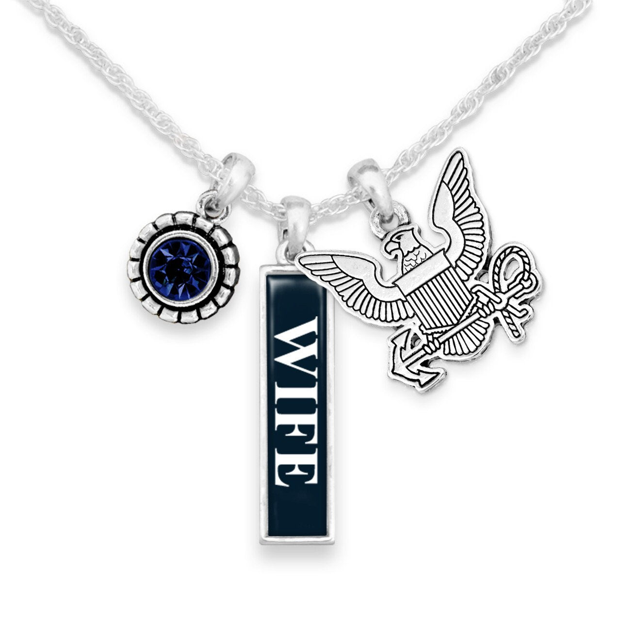Officially Licensed U.S. NAVY Wife Necklace - Triple Charm Vertical USN Wife Necklace with Crystal and Pewter Charms Sterling Plated