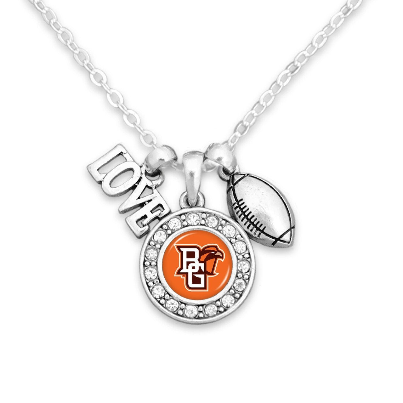 Officially Licensed BOWLING GREEN STATE Falcons Necklace with Football, Love and Logo Pewter Charms Sterling Plated - Bowling Green Bgsu