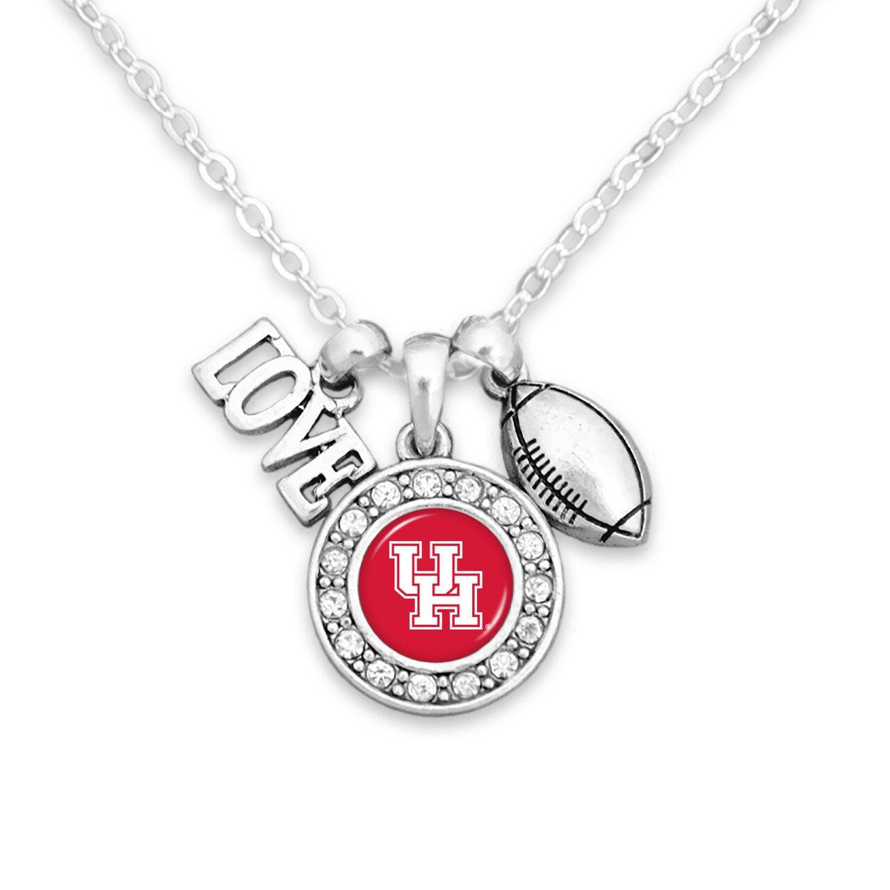 Officially Licensed HOUSTON COUGARS Necklace with Football, Love and Logo Pewter Charms Sterling Plated - University of Houston