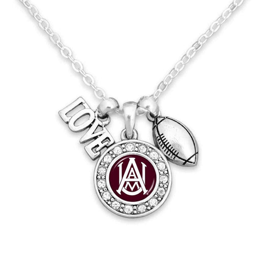 Officially Licensed ALABAMA A&M BULLDOGS Necklace with Football, Love and Logo Pewter Charms Sterling Plated - Agricultural and Mechanical