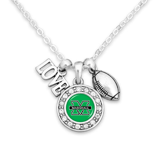 Officially Licensed MARSHALL THUNDERING HERD Necklace with Football, Love and Logo Pewter Charms Sterling Plated - Marshall University