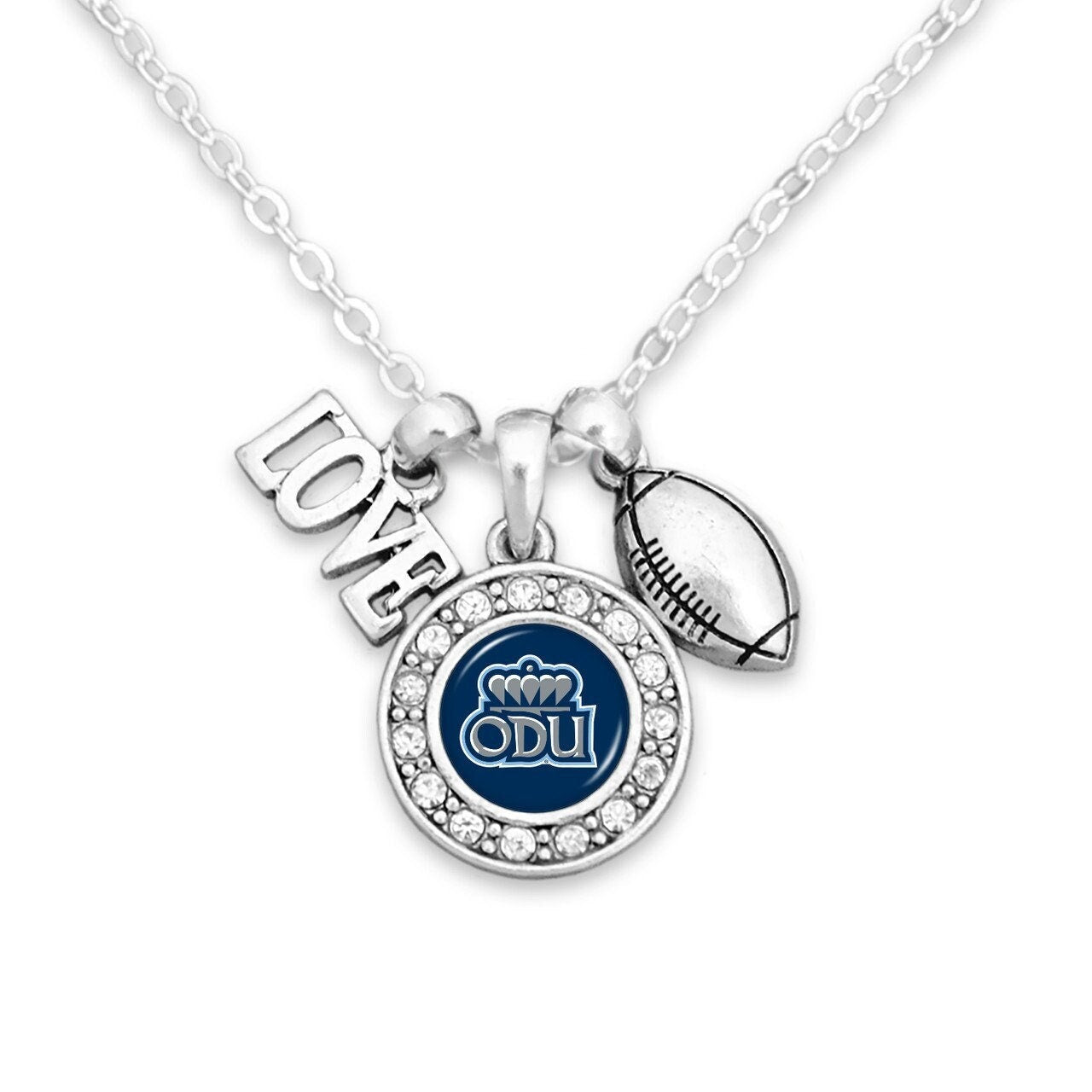 Officially Licensed OLD DOMINION MONARCHS Necklace with Football, Love and Logo Pewter Charms Sterling Plated - Old Dominion University