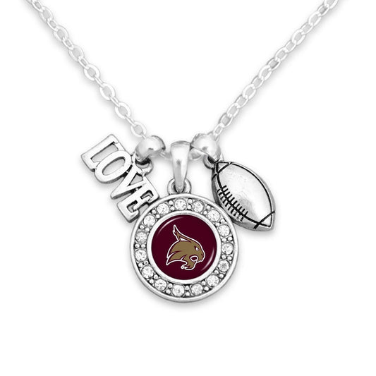 Officially Licensed TEXAS STATE BOBCATS Necklace with Football, Love and Logo Pewter Charms Sterling Plated - Texas State University
