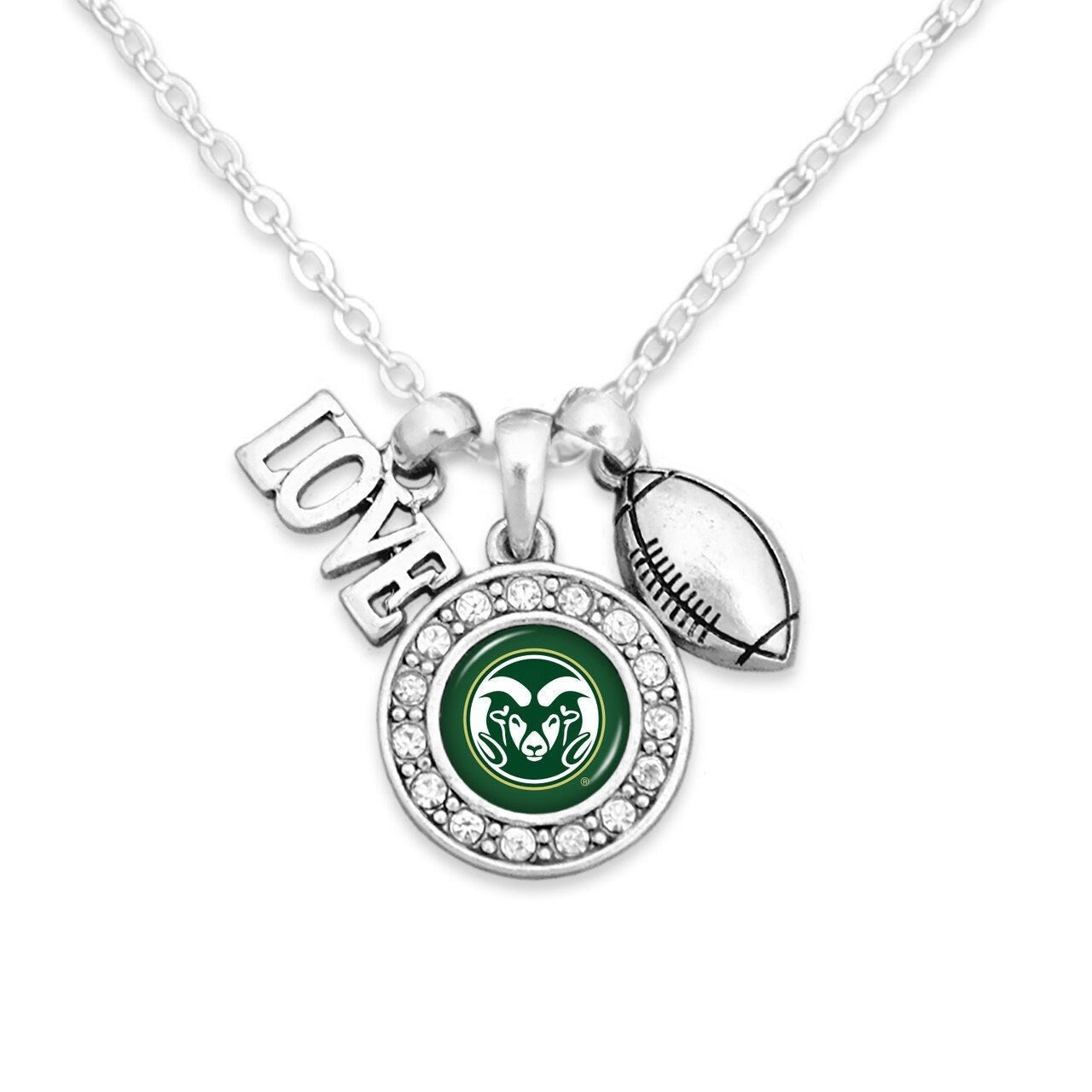 Officially Licensed COLORADO STATE RAMS Necklace with Football, Love and Logo Pewter Charms Sterling Plated - Colorado State University