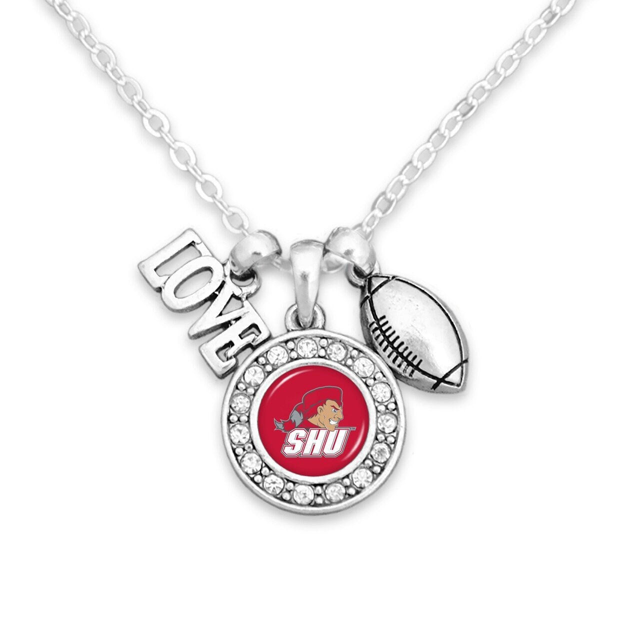 Officially Licensed SACRED HEART PIONEERS Necklace with Football, Love and Logo Pewter Charms Sterling Plated - Sacred Heart University