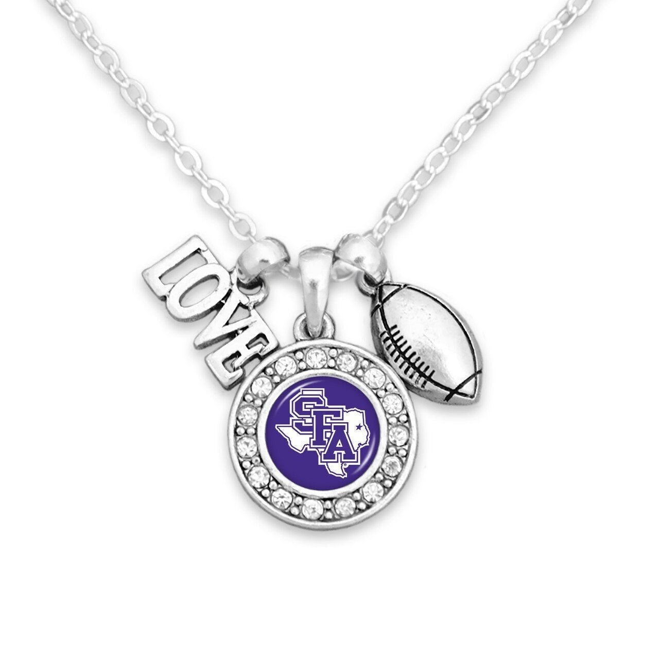 Officially Licensed STEPHEN F. AUSTIN Necklace with Football, Love and Logo Pewter Charms Sterling Plated - SFA Lumberjacks