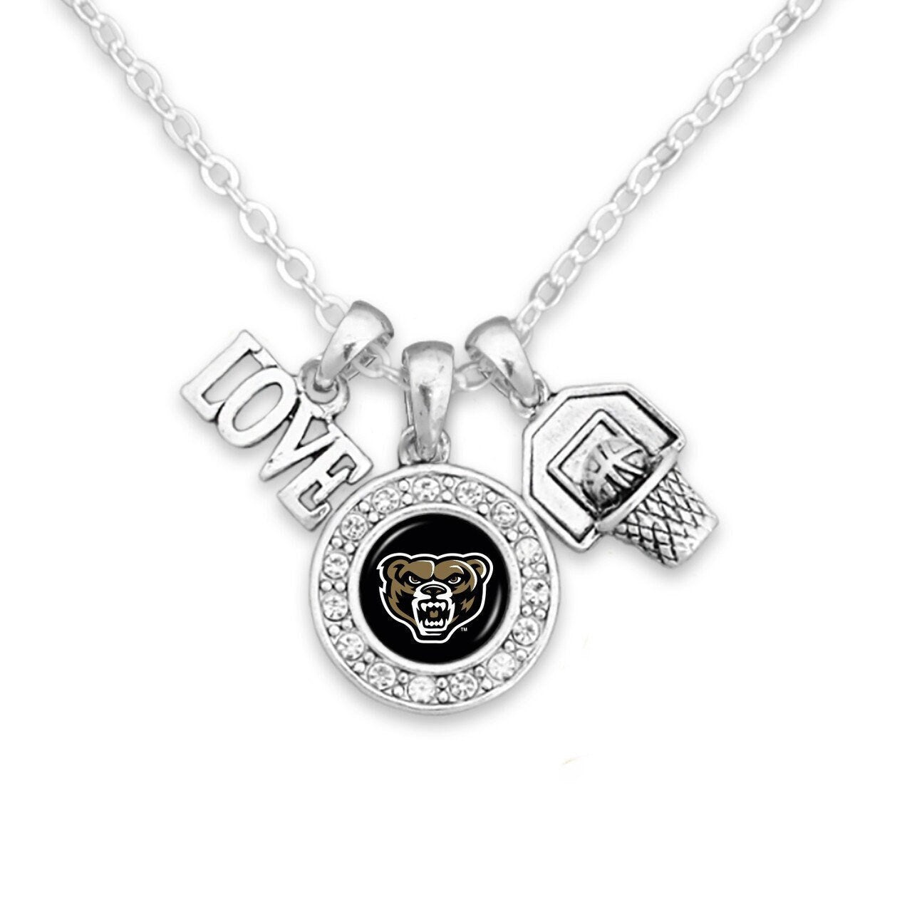 Officially Licensed OAKLAND GRIZZLIES Necklace with Basketball, Love and Logo Pewter Charms Sterling Plated - Oakland University